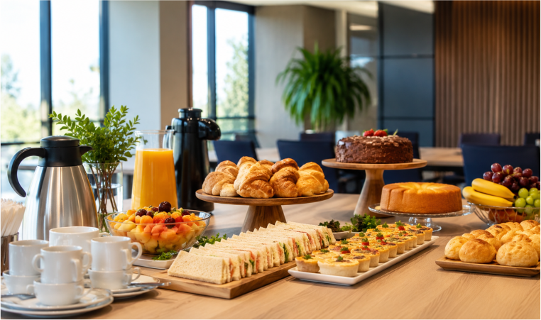 Café da manhã para empresas com pães, frutas, café, sucos e lanches