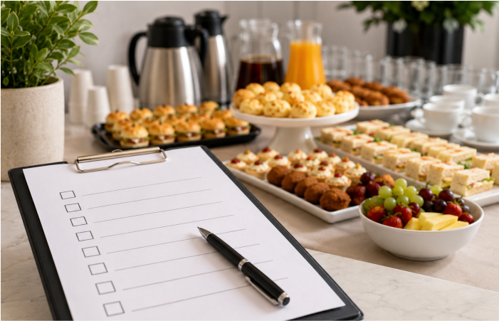 Checklist para contratação de catering corporativo com mesa de alimentos e bebidas para evento empresarial