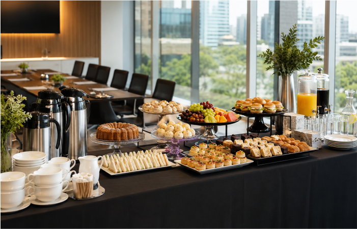 Coffee break corporativo em Barueri com mesa de doces, salgados, frutas, café e bebidas